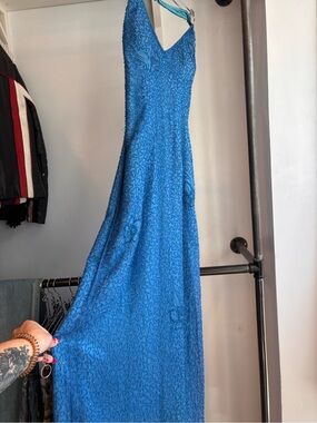 Full Beaded V-Neck Blue Evening / Gown / Prom Dress